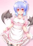  1girl :p absurdres akkii_(meragold) alternate_costume apron bat_wings black_legwear blue_hair choker dress enmaided frills garter_straps highres maid maid_headdress red_eyes remilia_scarlet short_hair smile solo thigh-highs tongue touhou wings 