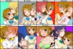  ! !? ? ayase_eli black_hair blonde_hair blue_hair blush bra breasts brown_hair cheek_kiss cleavage closed_eyes forehead_kiss french_kiss green_bra hair_ribbon hand_kiss hoshizora_rin hug hug_from_behind kiss kiss_chart koizumi_hanayo kousaka_honoka lingerie long_hair love_live!_school_idol_project merry_(168cm) minami_kotori multiple_girls neck_kiss nishikino_maki open_mouth orange_hair ponytail redhead ribbon school_uniform short_hair side_ponytail smile sonoda_umi surprise_kiss surprised sweat sweater_vest tears tongue toujou_nozomi towel twintails underwear vest violet_eyes wink yazawa_nico yuri 