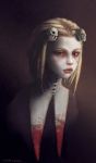  1girl blonde_hair blood dated hairlocs highres lenore lips looking_at_viewer portrait signature skull solo ulrik 