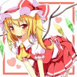  1girl ascot bent_over blonde_hair blush fang flandre_scarlet frame hat hat_ribbon heart looking_at_viewer puffy_sleeves red_eyes ribbon shirt short_sleeves side_ponytail skirt skirt_set smile solo touhou vest wings yuimari 