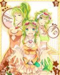  3girls :d belt breasts brooch cleavage dress goggles goggles_on_head green_eyes green_hair gumi headset highres jewelry matryoshka_(borscht) megpoid_(vocaloid3) multiple_girls open_mouth outstretched_arms ponytail short_hair smile under_boob vocaloid wink 