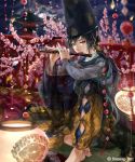  1girl black_hair flower flute hat instrument japanese_clothes lantern lips long_hair mole night ponytail red_eyes sengoku_saga solo wryx 