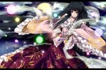  1girl black_hair branch clouds dress full_moon highres houraisan_kaguya japanese_clothes jeweled_branch_of_hourai long_hair moon night orb red_eyes shawl solo touhou untsue 