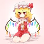  1girl blonde_hair flandre_scarlet hat hat_ribbon open_clothes red_eyes ribbon short_hair side_ponytail skirt skirt_set solo touhou undone 