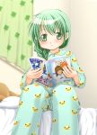  bed braid clover curtains from_below green_eyes green_hair hidamari_sketch kahis_(sweetbriar) long_hair magazine natsume_(hidamari_sketch) pajamas reading 