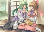  3girls blonde_hair bow brown_eyes brown_hair closed_eyes detached_sleeves green_eyes green_hair hair_bow hair_tubes hakurei_reimu impossible_clothes impossible_shirt kirisame_marisa kochiya_sanae lap_pillow long_hair multiple_girls no_hat no_headwear open_mouth payot ponytail sitting skirt sleeping snake_hair_ornament tears touhou wide_sleeves yohane yokozuwari 