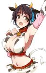  animal_ears arm_up arm_warmers armpits bell bell_collar belt breasts brown_eyes brown_hair cleavage collar cow_bell cow_ears cow_horns cow_print cow_tail cowboy_shot headphones headset horns idolmaster idolmaster_cinderella_girls large_breasts maze_(gochama_ze_gohan) midriff navel oikawa_shizuku open_mouth short_hair simple_background smile tail white_background 