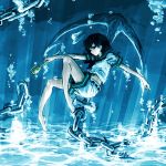  1girl anchor barefoot black_eyes black_hair bubble chain hat hat_removed headwear_removed highres hima_(mizu_ni_tsuyoi) ladle looking_at_viewer murasa_minamitsu outstretched_arms sailor_dress sailor_hat shirt short_sleeves shorts solo touhou underwater 