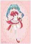  1girl 2013 aqua_hair basket bracelet character_name dated dress green_eyes hatsune_miku highres jewelry little_red_riding_hood long_hair skirt_hold solo twintails vocaloid wolf 