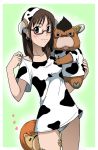 1girl animal_ears azazel brown_hair cosplay cow cow_horns cow_print flat_chest glasses highres horns kakkii lingerie moloch sakuma_rinko underwear yondemasuyo_azazel-san 