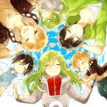  black_hair blush closed_eyes dual_persona green_hair heart holding_hands hoodie kagerou_project kano_(kagerou_project) kido_(kagerou_project) long_hair red_eyes seto_(kagerou_project) short_hair smile tears wink wrt_(arpaca) young 