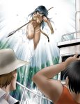  1girl 2girls blurry boat bracelet breasts dark_skin jewelry jungle leopard_print long_hair motion_blur motion_lines multiple_girls nature navel open_mouth original polearm shingyouji_tatsuya spear weapon wet 