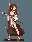  1girl alternate_costume bow brown_hair full_body gohei hair_bow hakurei_reimu kawashina_(momen_silicon) kourindou_tengu_costume sandals short_hair solo touhou 