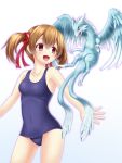  1girl brown_hair dragon highres pina_(sao) red_eyes school_swimsuit short_hair silica swimsuit sword_art_online tsubonorou twintails 