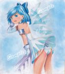  1girl alternate_costume arm_support ass back bare_shoulders blue_eyes blue_hair bow cirno earrings elbow_gloves gloves hair_bow ice ice_wings jewelry mayo_riyo open_mouth racequeen sample short_hair solo touhou traditional_media wings 