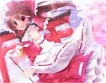  1girl alza ascot blue_sky blush bow brown_hair cherry_blossoms clouds detached_sleeves gohei hair_bow hair_tubes hakurei_reimu long_hair long_sleeves open_mouth pink_eyes ponytail shirt skirt skirt_set sky smile solo torii touhou tree wide_sleeves wind 