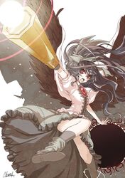  1girl arm_cannon black_hair black_legwear black_wings boots bow cape hair_bow kuronuko_neero long_hair red_eyes reiuji_utsuho ribbon skirt socks solo third_eye touhou very_long_hair weapon wings 