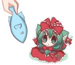  1girl animal_ears arm_ribbon bell bow cat_ears cat_tail chibi dress drooling fish front_ponytail green_eyes green_hair hair_bow kagiyama_hina kemonomimi_mode lilywhite_lilyblack open_mouth red_dress simple_background stare tail tail_bell tail_bow touhou v_arms white_background 