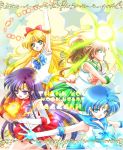  4girls \m/ aino_minako arm_up bishoujo_senshi_sailor_moon blonde_hair blue_eyes blue_hair bow brooch brown_hair choker elbow_gloves expressionless fire gloves green_eyes hair_bow half_updo hino_rei hits inner_senshi jewelry kino_makoto long_hair magical_girl mizuno_ami multiple_girls outstretched_arms ponytail purple_hair ribbon sailor_collar sailor_jupiter sailor_mars sailor_mercury sailor_venus shirataki_kaiseki short_hair skirt spread_arms thank_you tiara violet_eyes white_gloves 