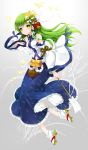 1girl bare_shoulders bell breasts butterfly frog_hair_ornament geta gohei green_hair hair_ornament highres japanese_clothes juna kochiya_sanae long_skirt miko rope sandals skirt smile snake_hair_ornament solo touhou yellow_eyes