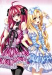  2girls :d absurdres ahoge bare_shoulders black_legwear blonde_hair bow corticarte_apa_lagranges dress flat_chest frills hair_bow halftone hand_on_hip highres iaritikke_sin_goluot kannatsuki_noboru long_hair multiple_girls open_mouth payot plaid plaid_dress red_eyes redhead ribbon shinkyoku_soukai_polyphonica smile thigh-highs two_side_up wrist_cuffs 