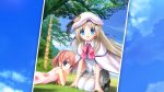  2girls arizuki_shiina blue_eyes brown_hair cape dress fang hat highres kneeling kud_wafter little_busters!! long_hair lying multiple_girls na-ga noumi_kudryavka official_art on_stomach outdoors quad_tails school_uniform smile thigh-highs tree wallpaper 