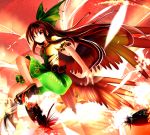  1girl arm_cannon black_hair bow feathers hair_bow long_hair mismatched_footwear red_eyes reiuji_utsuho skirt smile solo third_eye touhou very_long_hair weapon wings 