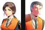  1boy 1girl brown_eyes brown_hair cigarette gloves gotou_kiichi kidou_keisatsu_patlabor ktsis male nagumo_shinobu police police_uniform ponytail shirt smoke smoking uniform vest white_shirt 