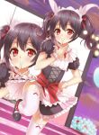  1girl balloon black_hair dress finger_to_mouth garter_straps hand_on_hip heirou highres leg_up long_hair love_live!_school_idol_project parted_lips red_eyes sky solo stage thigh-highs white_legwear yazawa_nico 