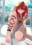  1girl ankle_lace-up barefoot bracelet cross-laced_footwear jewelry kneeling long_hair looking_at_viewer magi_the_labyrinth_of_magic morgiana onaramaru red_eyes redhead side_ponytail solo 
