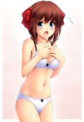  blue_eyes bra breasts brown_hair cleavage covering covering_breasts flying_sweatdrops hair_ribbon hirokawa_takemi komitsu midriff navel open_mouth panties power_pro_kun_pocket power_pro_kun_pocket_9 ribbon short_hair underwear underwear_only 