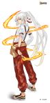  1girl bow fire fujiwara_no_mokou hair_bow hair_ribbon highres long_hair long_ponytail pants ponytail red_eyes ribbon shoes silver_hair sneakers solo suspenders tora_jun torn_clothes torn_sleeves touhou very_long_hair 