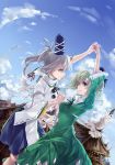  2girls bird blue_eyes dress green_eyes green_hair hat highres holding_hands hug_(artist) japanese_clothes long_hair mononobe_no_futo multiple_girls ponytail skirt smile soga_no_tojiko tate_eboshi touhou white_hair 