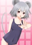  1girl absurdres animal_ears blush grey_hair highres masa_masa mouse_ears mouse_tail nazrin one-piece_swimsuit red_eyes school_swimsuit short_hair solo sweatdrop swimsuit tail touhou 
