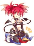  1girl bat_wings choker demon_tail disgaea earrings elbow_gloves etna flat_chest girl_on_top gloves jewelry nikuma pointy_ears prinny red_eyes redhead short_hair shorts tail thigh-highs wings 