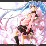  1girl blue_hair cherry_blossoms flower graduation hair_flower hair_ornament hatsune_miku long_hair school_uniform serafuku skirt socks solo twintails very_long_hair vocaloid 