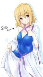  1girl blonde_hair character_name dress gundam gundam_seed gundam_seed_destiny highres kudrove orange_eyes short_hair smile solo stellar_loussier 