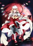  1girl black_legwear blonde_hair flandre_scarlet full_moon grin hat katagawa_mika laevatein moon red_eyes red_moon scarlet_devil_mansion slit_pupils smile solo thigh-highs touhou wings 