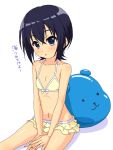  1girl bikini bikini_skirt black_hair blue_eyes blush bow fujioka-kuma k10k minami-ke minami_touma navel short_hair sitting solo swimsuit translation_request 