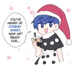  1girl black_capelet blue_eyes blue_hair capelet commentary cup doremy_sweet dress eyebrows_visible_through_hair hat holding holding_cup khylimei nightcap open_mouth pom_pom_(clothes) short_hair simple_background thick_eyebrows touhou upper_body 