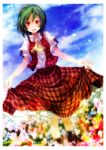  1girl ascot blue_sky checkered checkered_skirt clouds curtsey flower_field green_hair highres kazami_yuuka long_skirt looking_at_viewer open_mouth open_vest red_eyes s-syogo shirt skirt skirt_hold sky smile solo touhou 