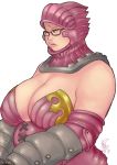  1girl armor breasts bust cleavage dated glasses gloves helmet huge_breasts kusagami_style lips original plump signature simple_background solo white_background 