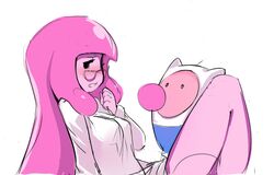  1boy 1girl adventure_time alternate_hairstyle averted_eyes blowing_bubblegum bubblegum embarrassed finn glasses hair_down hat labcoat long_hair pink_hair pink_skin princess_bubblegum sexually_suggestive sho-n-d simple_background white_background 