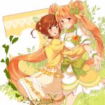  2girls bow brown_eyes brown_hair cure_rosetta dokidoki!_precure double_bun dress dual_persona earrings flower frills hair_flower hair_ornament hair_ribbon hallo-byby hug jewelry juliet_sleeves long_hair long_sleeves magical_girl multiple_girls precure puffy_sleeves ribbon short_hair smile twintails wrist_cuffs yotsuba_alice 