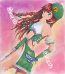  1girl adapted_costume back bare_shoulders beret braid green_eyes hand_on_hip hat hong_meiling light_smile long_hair looking_at_viewer looking_back mayo_riyo racequeen redhead sample solo touhou traditional_media twin_braids 