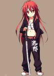  1girl bandages belt gakuran headband kotsu long_hair midriff red_eyes redhead sarashi school_uniform shakugan_no_shana shana sword weapon 