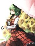  1girl ascot breasts flower green_hair hand_on_own_chest highres ibuki_notsu kazami_yuuka long_skirt long_sleeves looking_at_viewer open_vest over_shoulder parasol red_eyes shirt short_hair skirt smile solo sunflower touhou umbrella 
