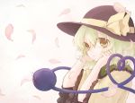  1girl blouse bust gradient gradient_background green_hair hands_on_own_face hat hat_ribbon heart heart_of_string honotai komeiji_koishi looking_at_viewer parted_lips petals ribbon simple_background solo tears third_eye touhou wide_sleeves yellow_eyes 