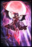  1girl bat bat_wings dress flying full_moon glowing grin hat hat_ribbon highres kozou looking_at_viewer moon polearm purple_hair red_moon remilia_scarlet ribbon short_hair smile solo spear spear_the_gungnir touhou tower weapon wings 