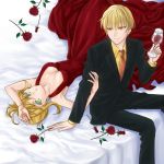  1boy 1girl auoyoi blonde_hair breasts cleavage cup dress fate/extra fate/stay_night fate_(series) flower formal gilgamesh green_eyes hair_ribbon jewelry necklace necktie on_bed red_dress red_eyes red_rose ribbon rose saber_extra suit wine wine_glass 